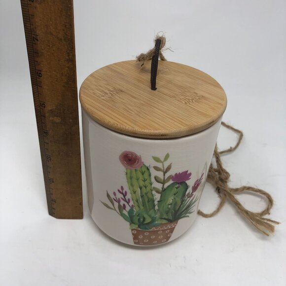 Cactus Ceramic Jar Bamboo Lid Rope Handle Planter Decor Boho Nature Plant Baby - Picture 6 of 6